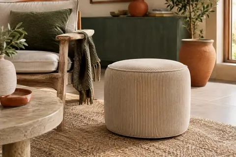 Pouf rond beige en velours côtelé placé près d’un fauteuil dans un salon lumineux et naturel