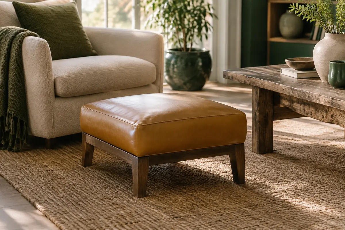 Repose-pieds rectangulaire jaune-marron en similicuir, avec assise rembourrée et pieds en bois dans un salon lumineux