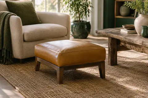 Repose-pieds rectangulaire jaune-marron en similicuir, avec assise rembourrée et pieds en bois dans un salon lumineux