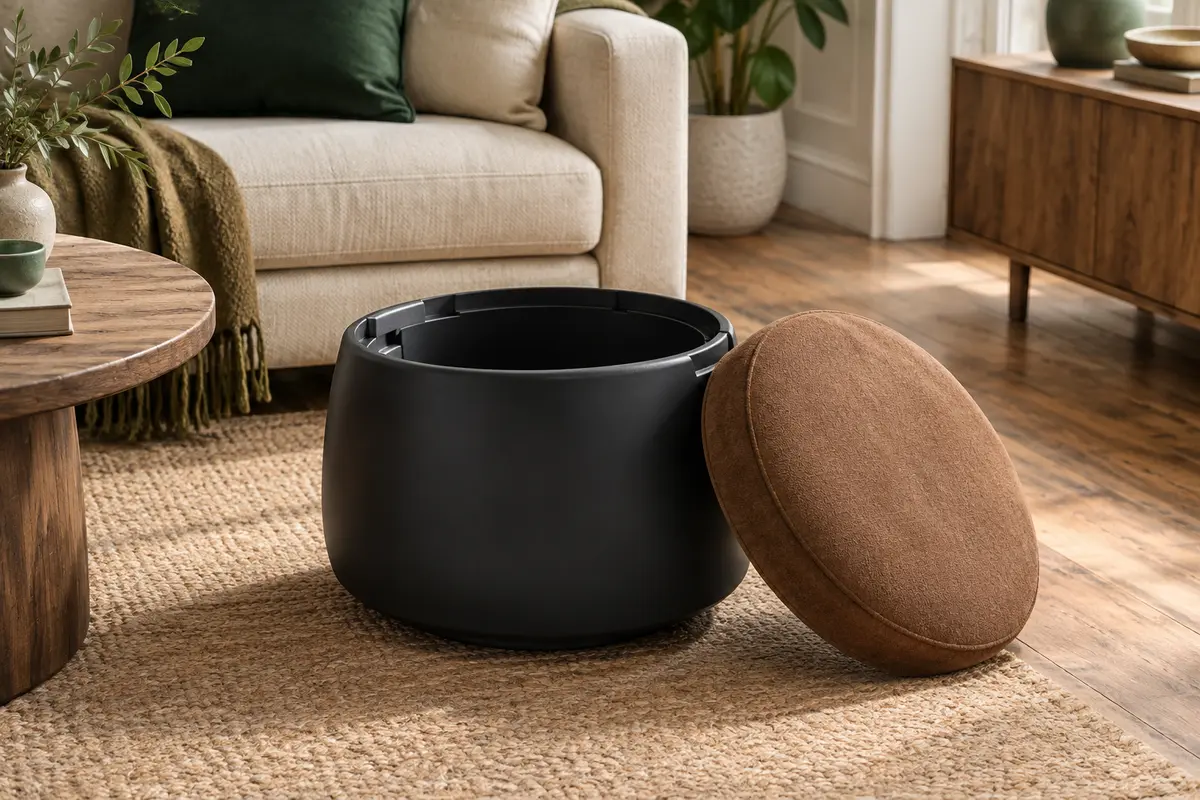 Pouf rond Idimex Daniel noir et brun vintage, avec coussin amovible et rangement intégré