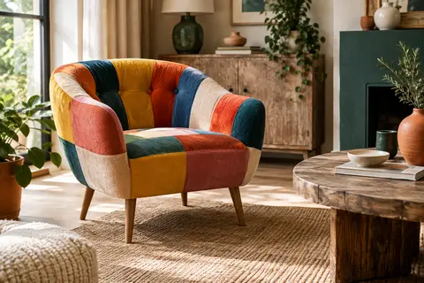 Fauteuil crapaud en tissu patchwork multicolore, posé sur un tapis naturel dans un salon lumineux.
