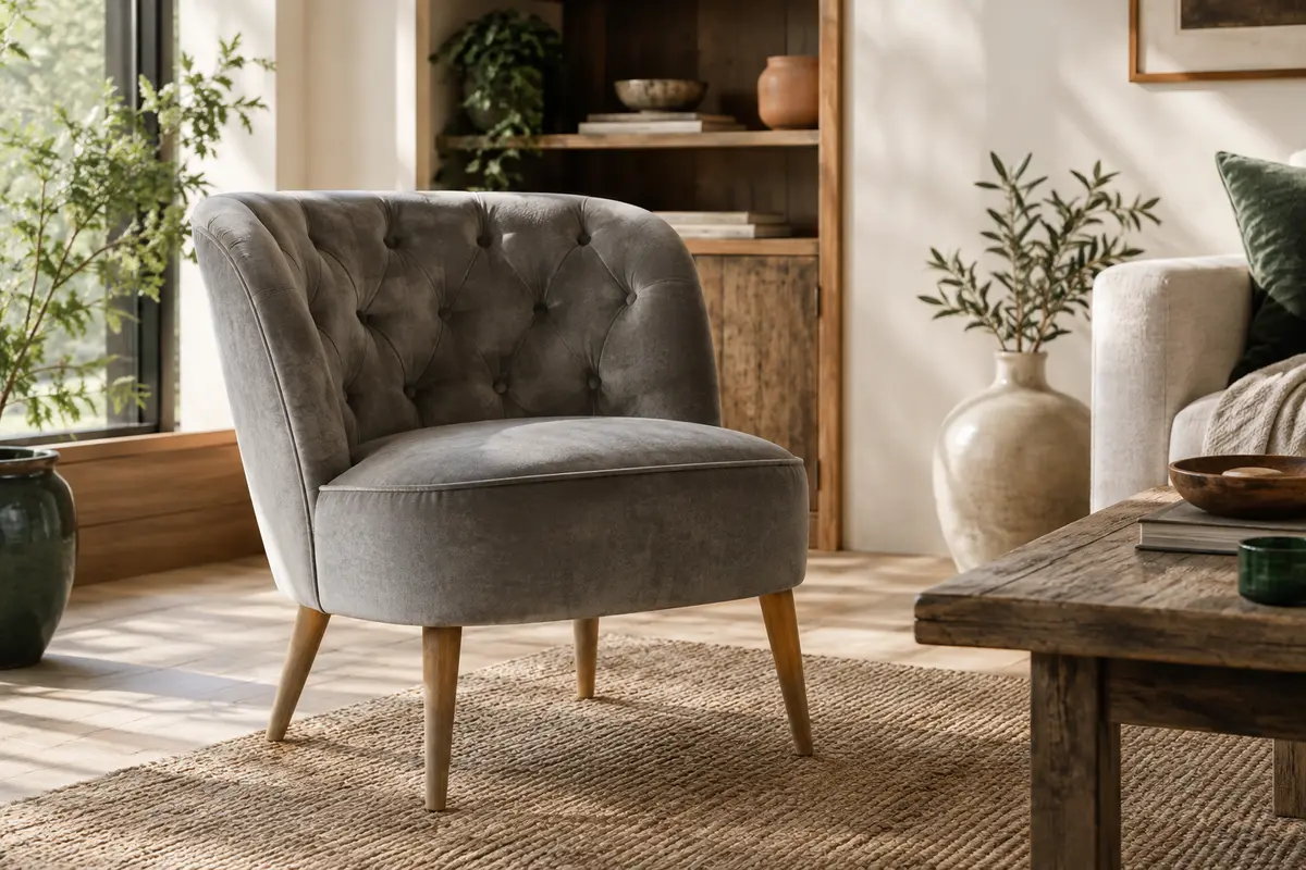 Fauteuil crapaud compact en velours gris, dossier capitonné et pieds en bois dans un salon lumineux.