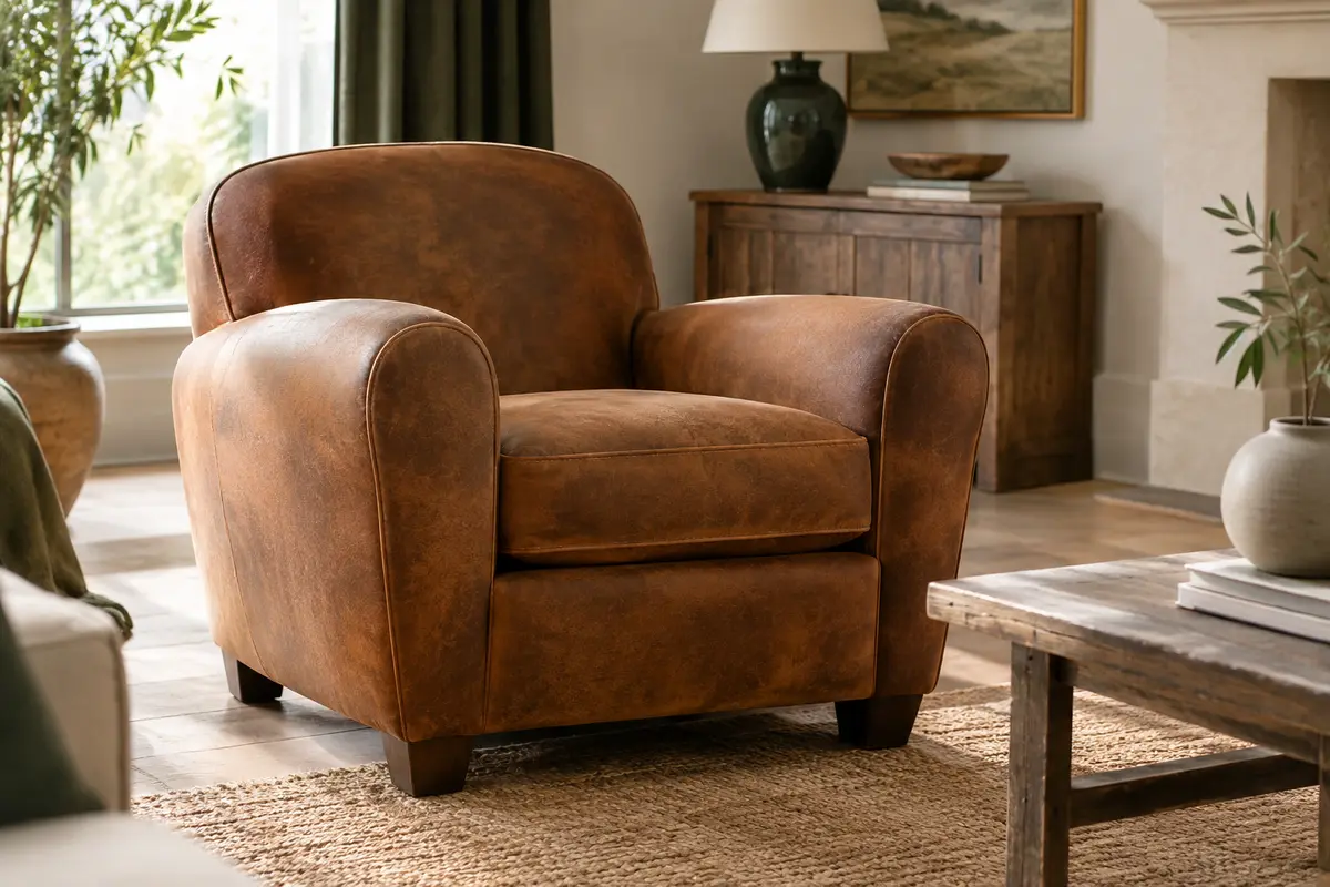Fauteuil club en microfibre patinée, avec accoudoirs arrondis et pieds en bois, dans un salon lumineux