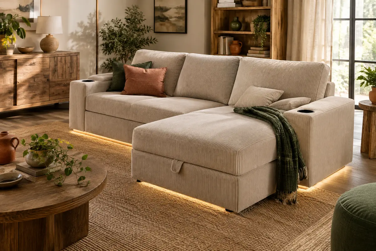 Canapé convertible trois places en velours côtelé beige, avec ottomane et éclairage LED sous la base