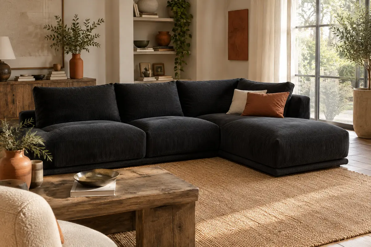 Canapé d’angle noir en velours côtelé, avec méridienne à droite et quatre coussins, dans un salon lumineux