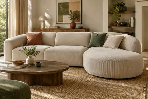 Canapé d’angle beige en velours côtelé avec méridienne courbe et trois coussins dans un salon lumineux.