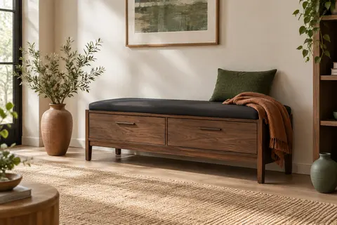 Banc d’entrée aspect noyer avec assise noire rembourrée, deux tiroirs et rangement à chaussures fermé