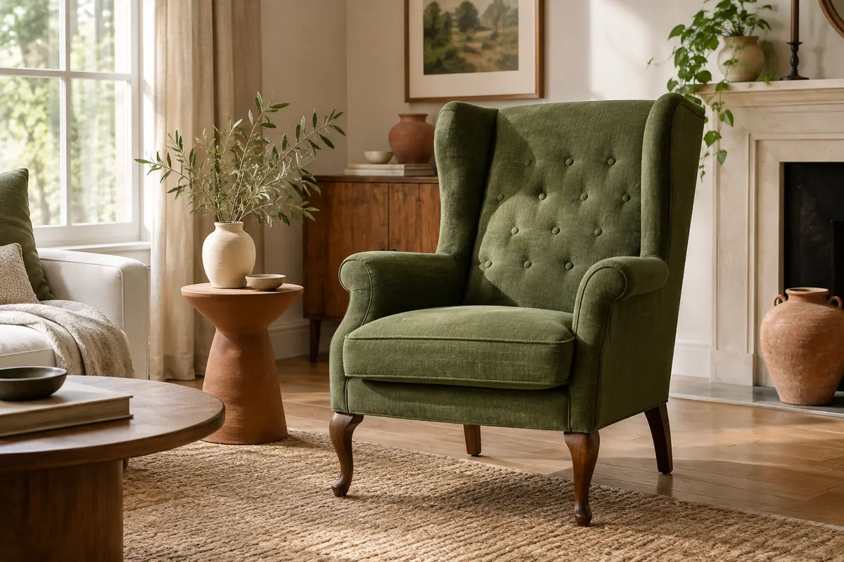 Fauteuil à oreilles vert avec dossier capitonné et pieds en bois dans un salon lumineux