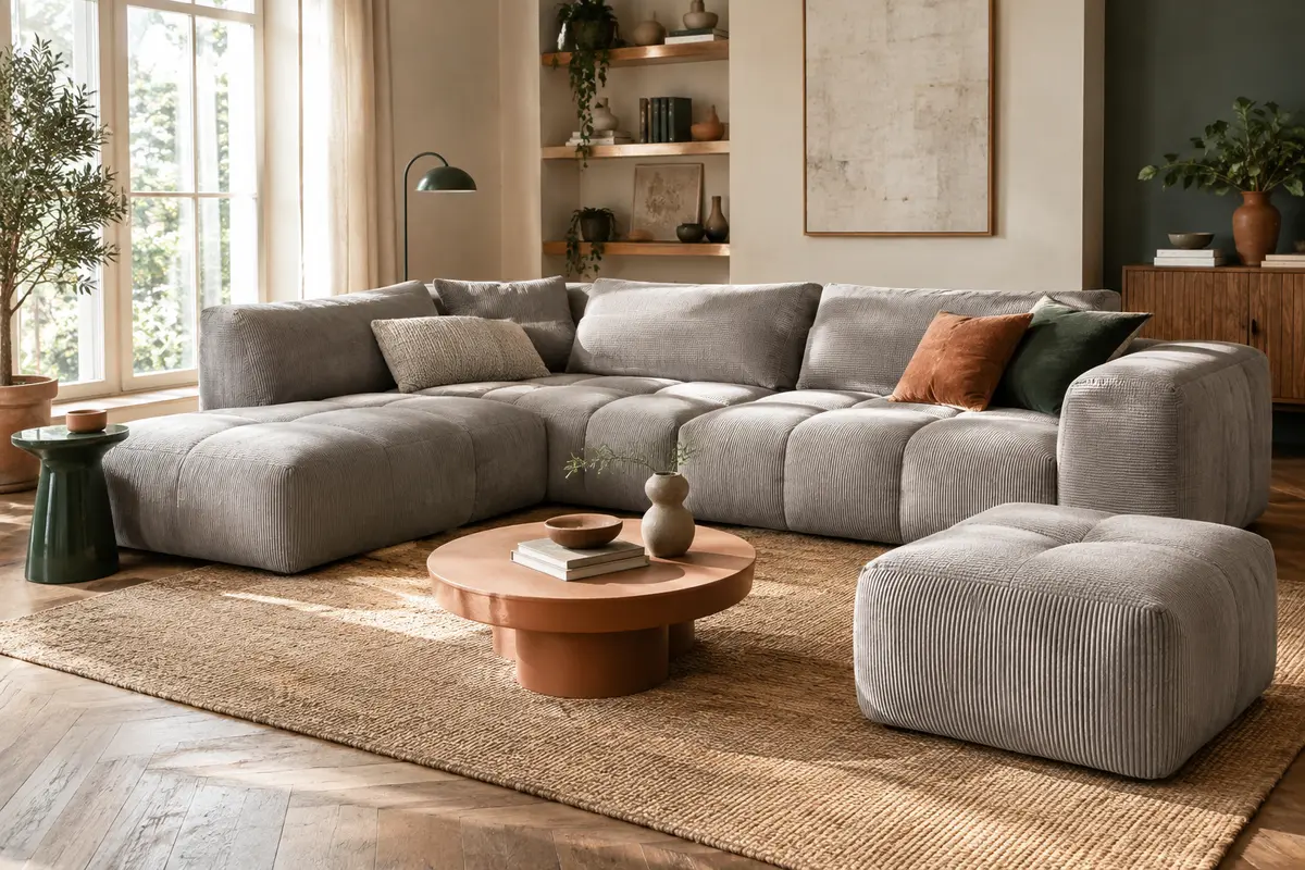 Canapé d’angle gris en tissu côtelé avec pouf indépendant et coussins matelassés dans un salon lumineux.