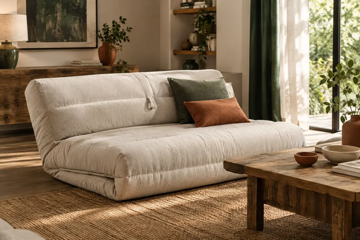 Canapé-lit pliant crème au revêtement matelassé, installé dans un salon lumineux près d’un tapis naturel.
