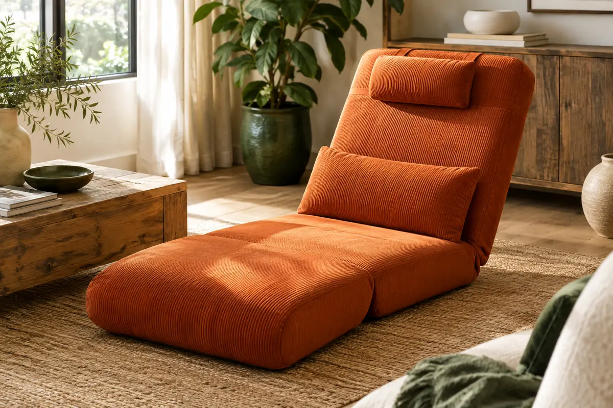 Fauteuil-lit pliable orange en tissu côtelé, déplié avec son repose-tête et son coussin lombaire
