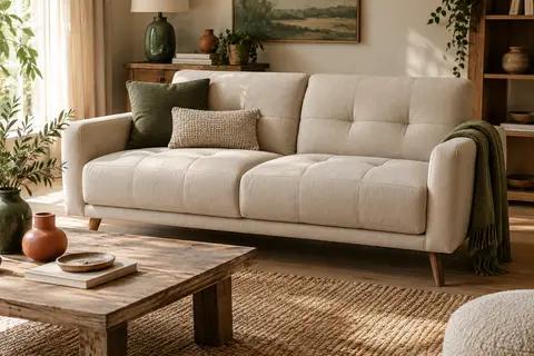 Canapé deux places en tissu beige avec pieds en bois inclinés, installé dans un salon lumineux
