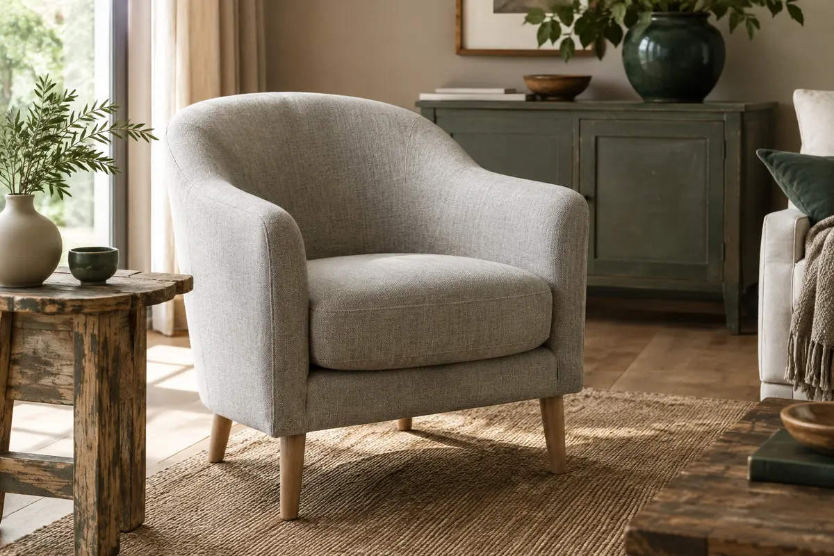 Fauteuil crapaud gris clair avec accoudoirs, coussin rembourré et pieds en bois de hêtre dans un salon lumineux.