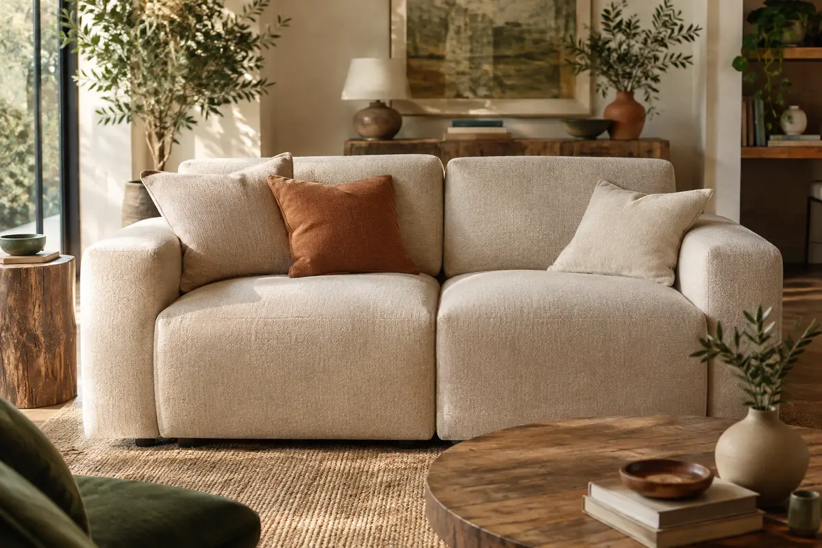 Canapé modulable beige en chenille composé de deux modules et accompagné de trois coussins dans un salon lumineux.