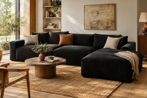 Canapé d’angle modulable en velours côtelé noir avec pouf et coussins dans un salon lumineux.