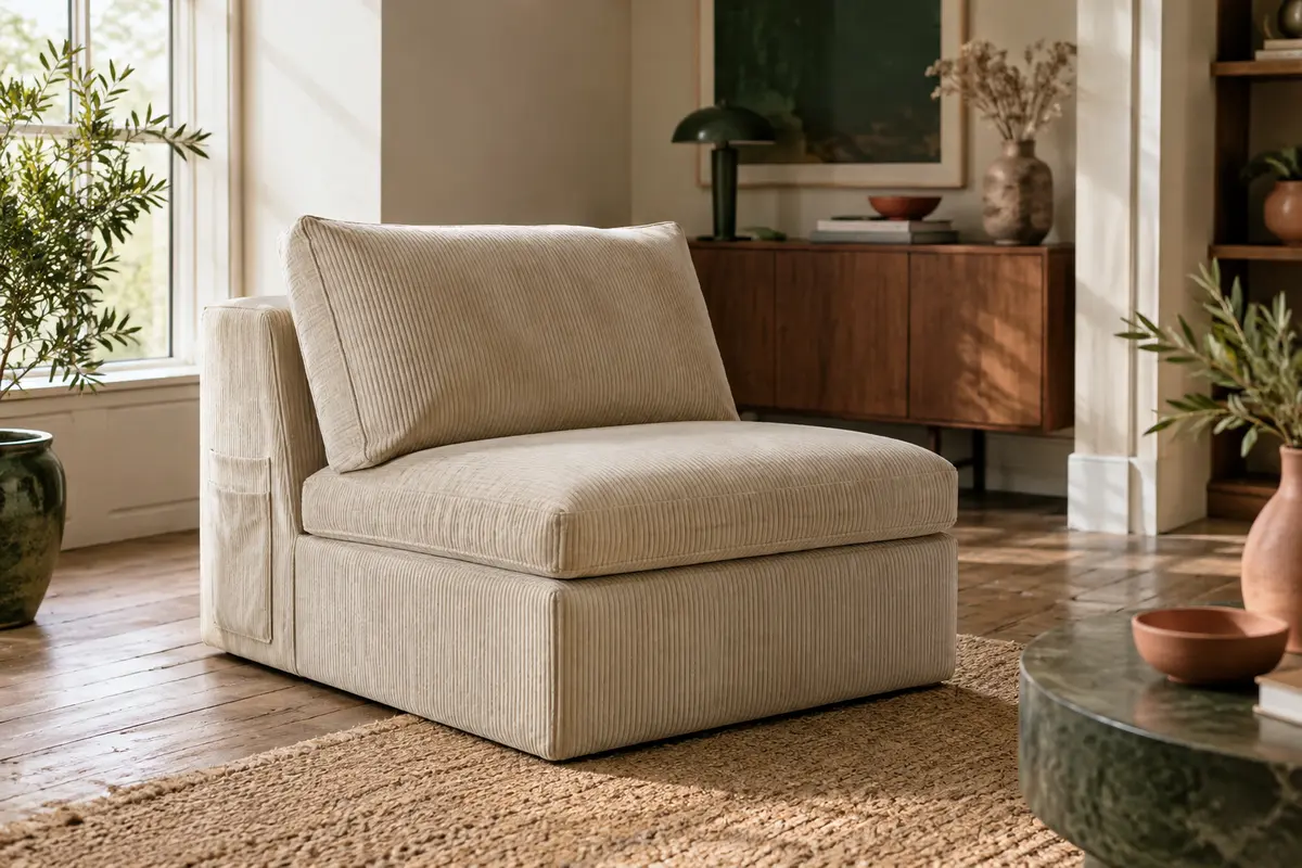 Chauffeuse convertible beige en velours côtelé avec coussin, installée dans un salon lumineux au décor naturel
