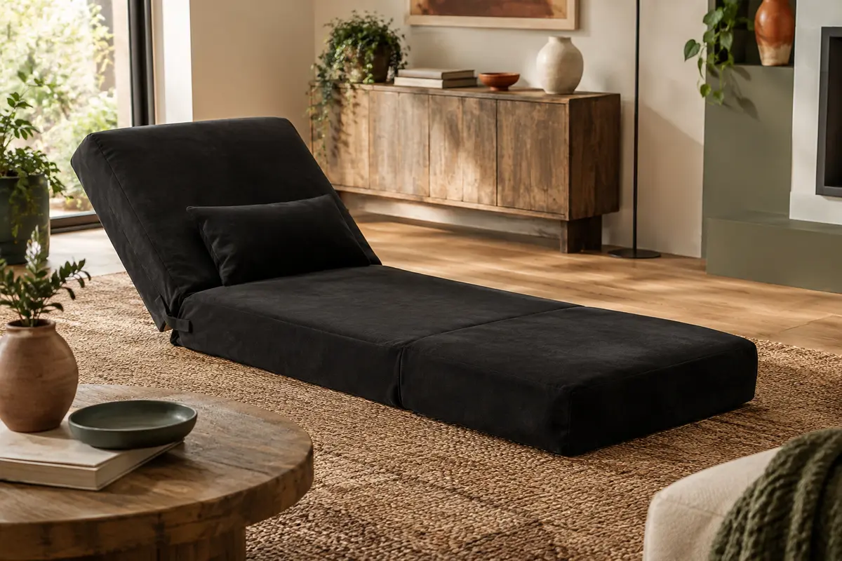 Méridienne de sol en daim noir avec oreiller, installée dans un salon lumineux sur un tapis naturel.