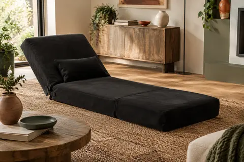 Méridienne de sol en daim noir avec oreiller, installée dans un salon lumineux sur un tapis naturel.