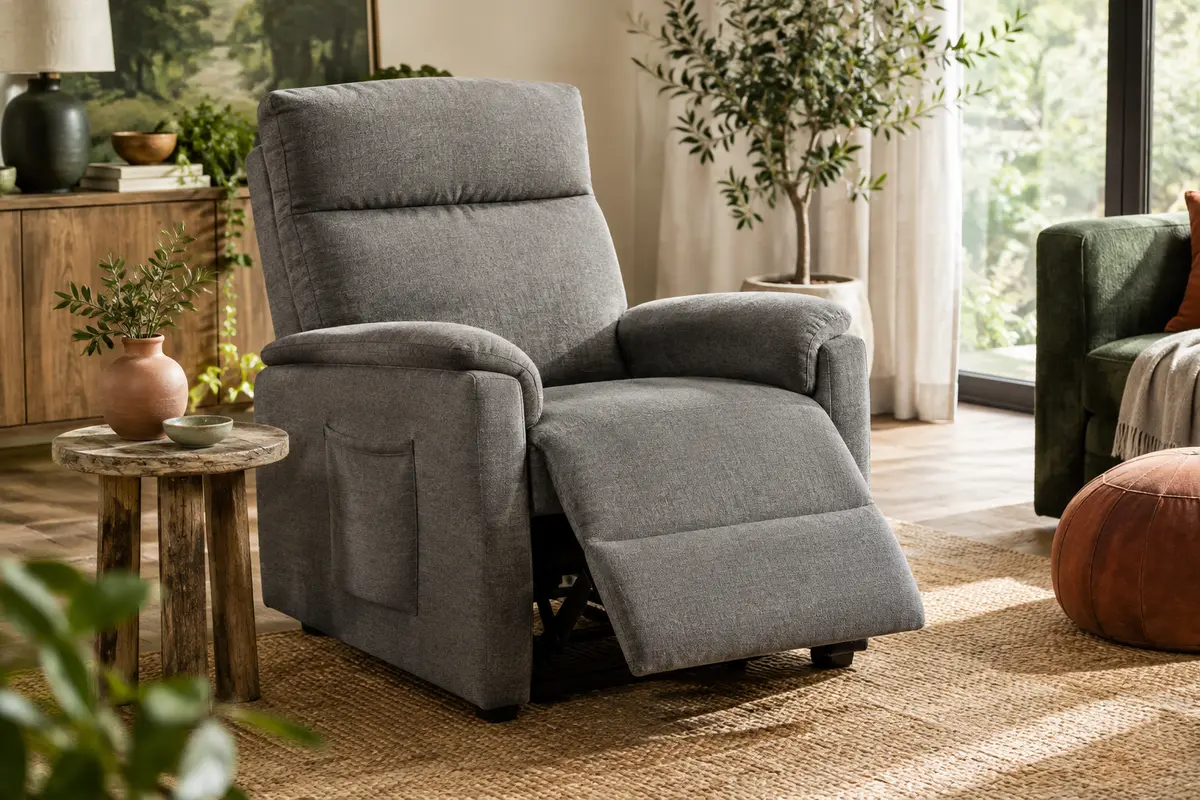 Fauteuil relax électrique gris avec repose-pieds extensible et poches latérales dans un salon lumineux