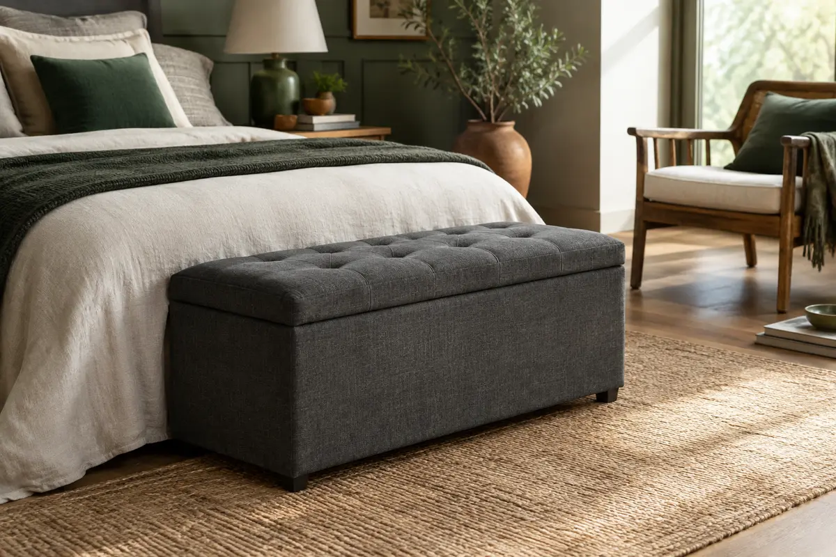 Banc coffre capitonné gris ardoise avec pieds, placé au pied d’un lit dans un intérieur lumineux