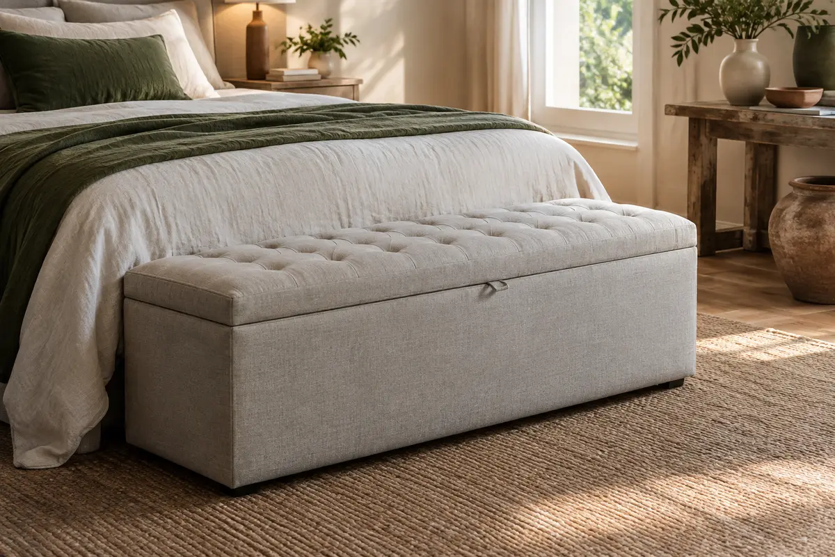 Banc coffre gris clair capitonné en tissu façon lin, placé au pied d’un lit dans une chambre lumineuse.