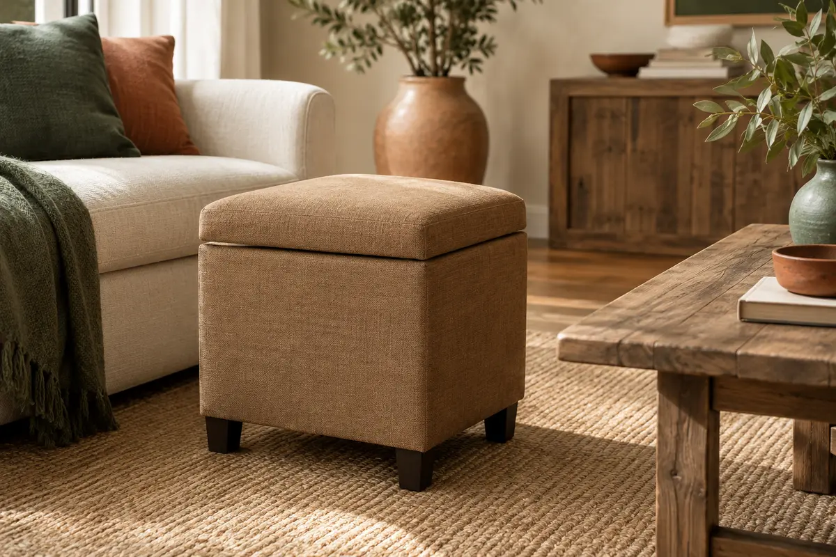 Pouf coffre carré en tissu imitation lin camel, avec couvercle rembourré et pieds sombres dans un salon lumineux.