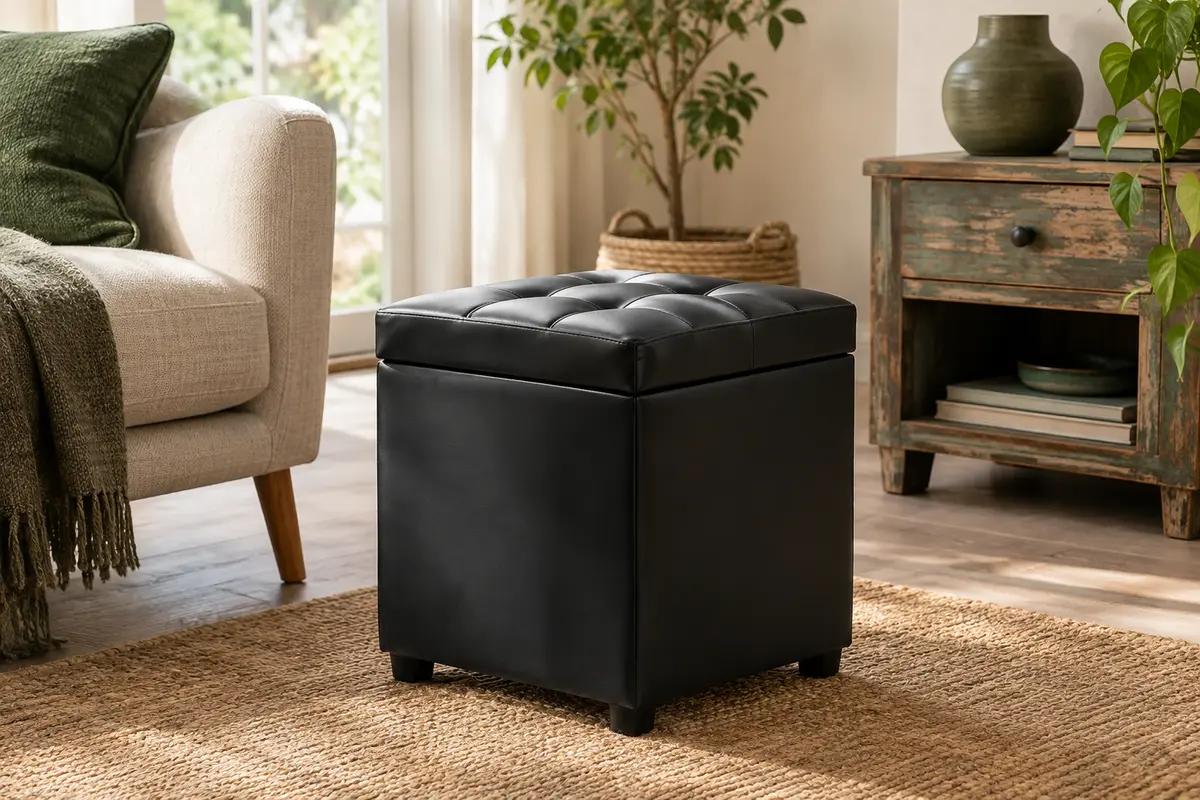 Pouf coffre carré en PVC noir d’encre, capitonné et posé sur quatre pieds dans un salon lumineux.