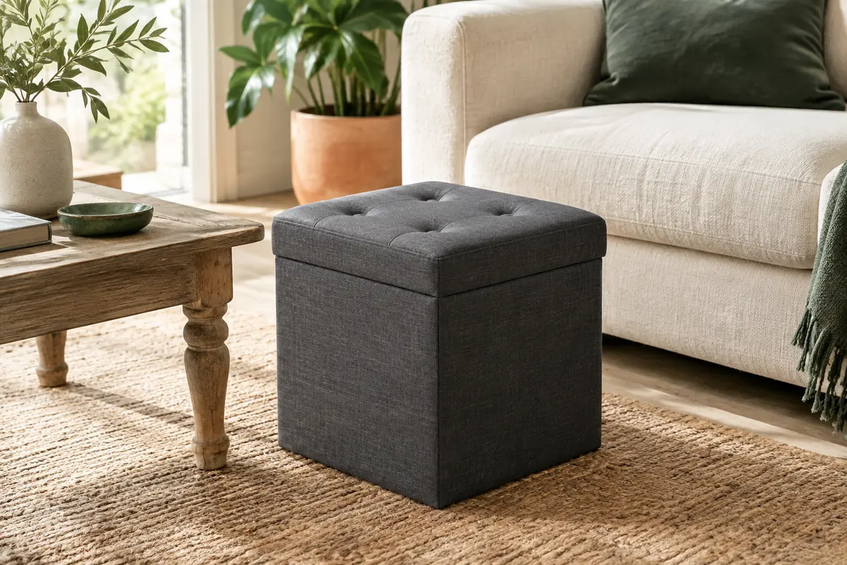 Pouf coffre carré gris foncé en tissu aspect lin capitonné, posé sur un tapis dans un salon lumineux.