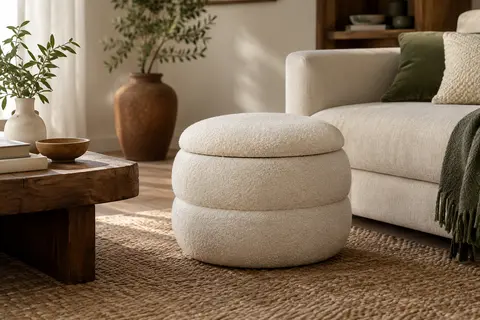 Pouf rond blanc crème en tissu teddy, présenté dans un salon lumineux près d’un tapis naturel et d’un canapé.