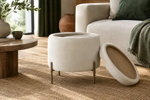 Pouf rond blanc crème en velours, avec rangement intérieur, dessus réversible et quatre pieds en métal