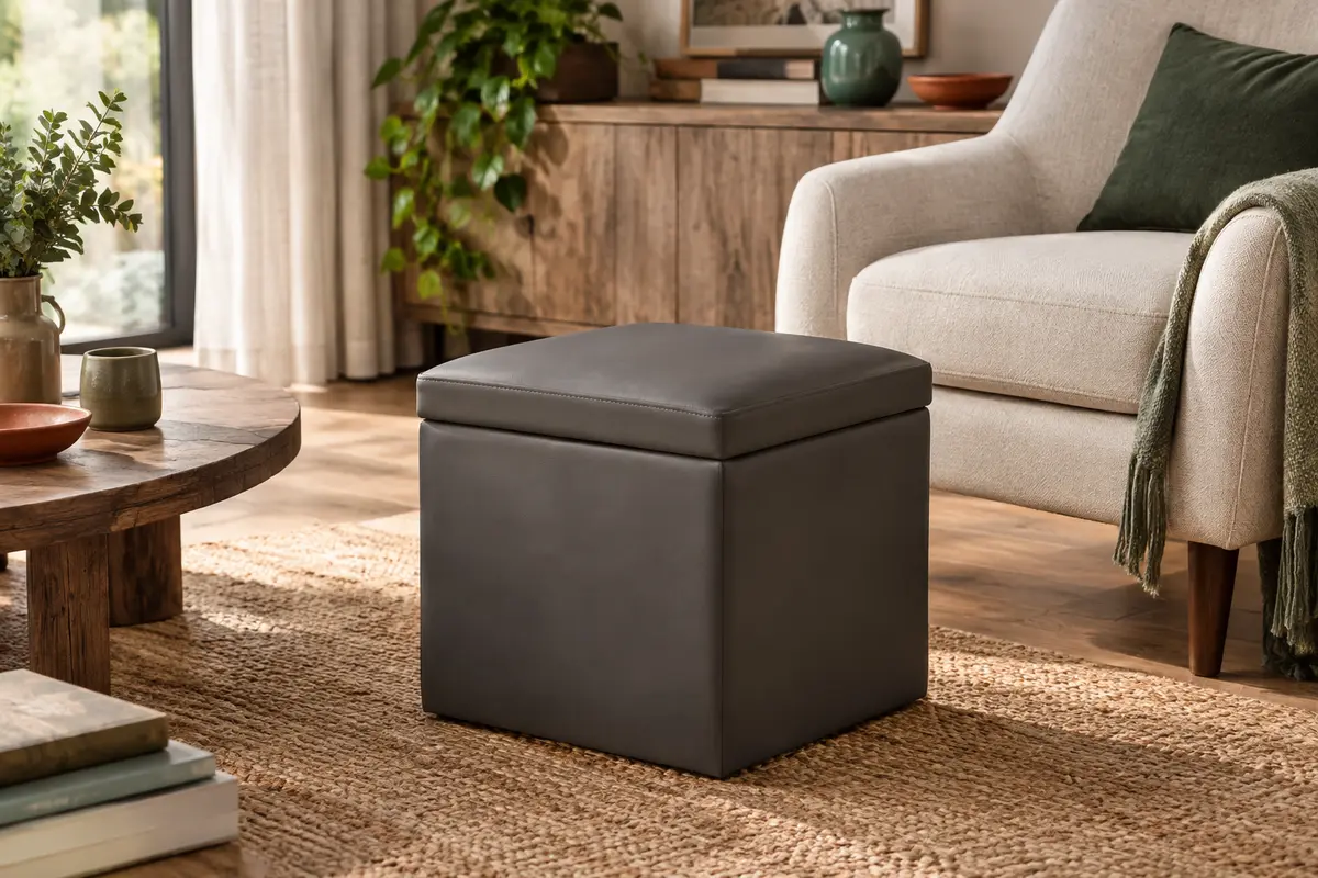 Repose-pieds cube gris ardoise en PU avec couvercle, posé près d’un fauteuil dans un salon lumineux.