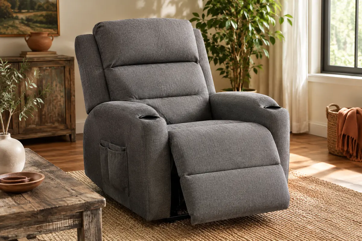 Fauteuil relax électrique en tissu gris, avec dossier inclinable et repose-pieds, dans un salon lumineux et apaisant.