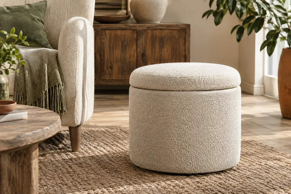 Pouf coffre rond en tissu bouclé blanc crème, placé près d’un fauteuil dans un salon lumineux