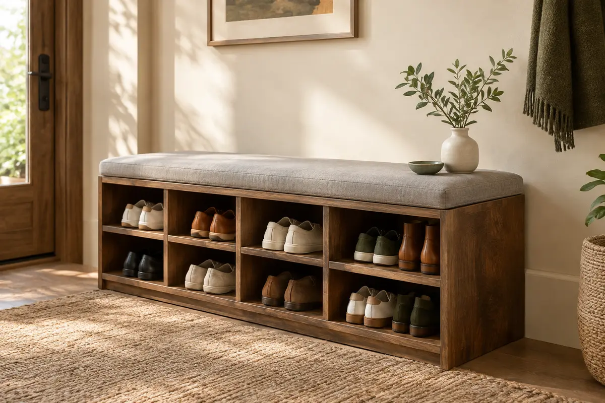 Banc à chaussures marron à dix compartiments, avec coussin gris rembourré, dans une entrée lumineuse