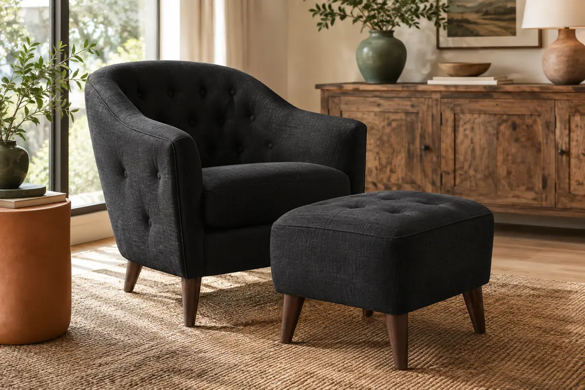 Fauteuil cabriolet en tissu noir avec accoudoirs rembourrés et repose-pied dans un salon lumineux.