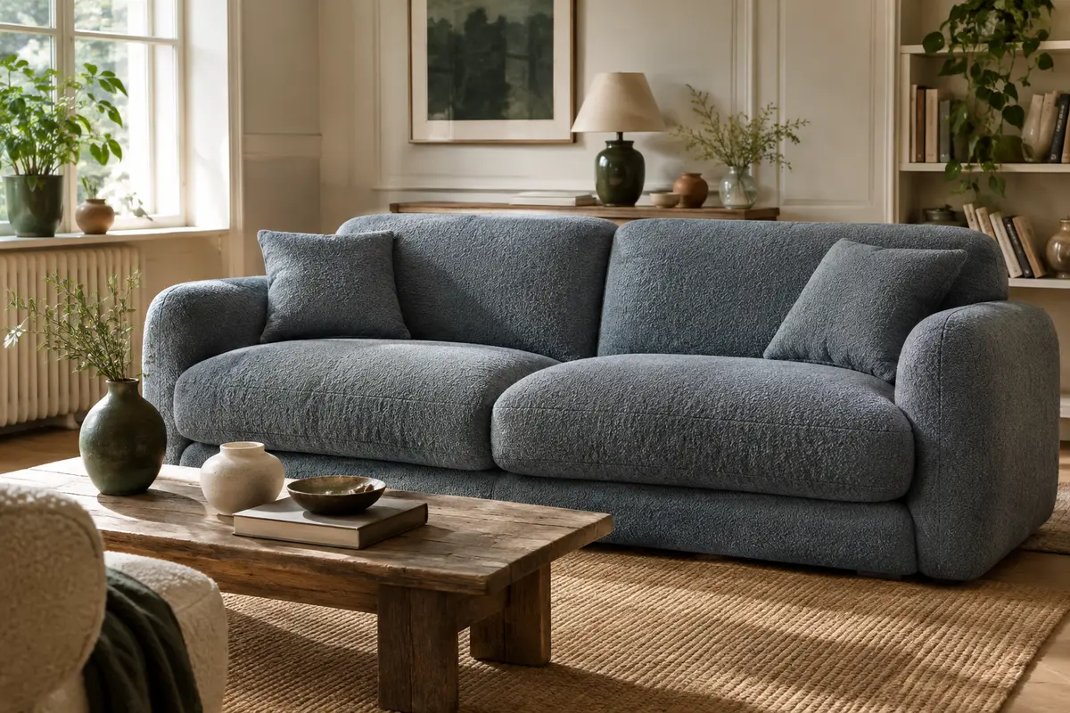 Canapé trois places bleu-gris en tissu Teddy avec deux coussins, dans un salon lumineux au décor naturel.