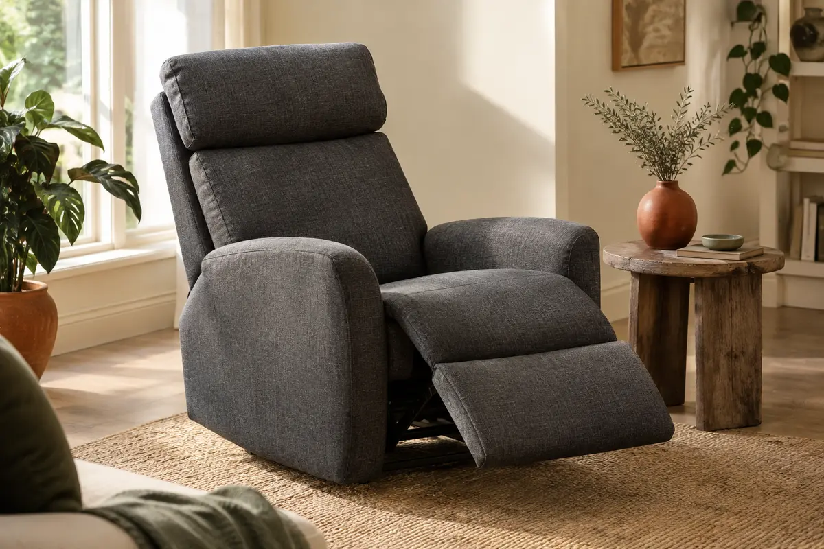 Fauteuil relax gris foncé en lin, incliné avec son repose-pieds déployé dans un salon lumineux.