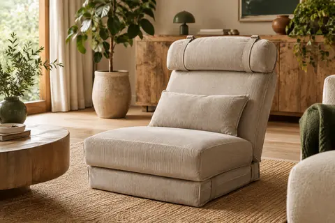 Chauffeuse convertible beige en velours côtelé avec appui-tête et coussin lombaire dans un salon lumineux.