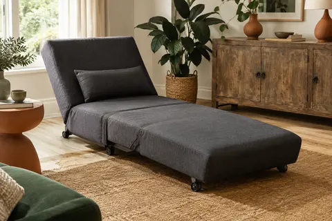 Chauffeuse convertible gris foncé dépliée en chaise longue dans un salon lumineux aux matières naturelles.