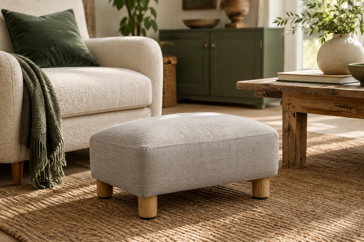 Repose-pieds ottoman gris clair rembourré, avec pieds en bois, près d’un fauteuil dans un salon lumineux.