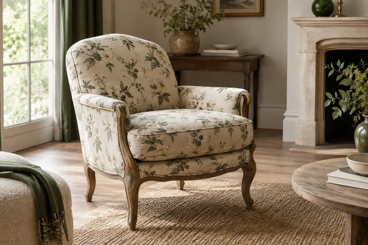 Fauteuil vintage beige à motif floral, assise épaisse et pieds cabriole en bois dans un salon lumineux.