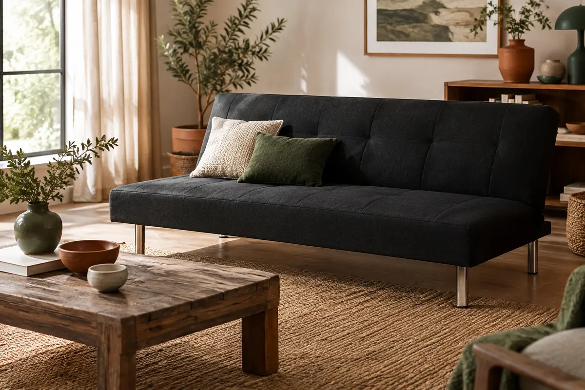 Canapé convertible noir en tissu effet lin, dossier légèrement incliné dans un salon lumineux au décor naturel