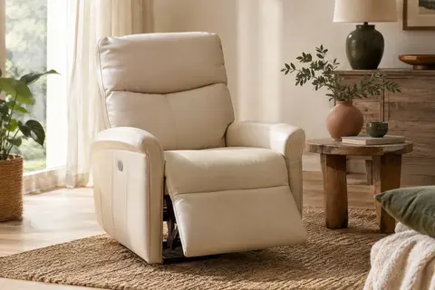 Fauteuil relax beige en similicuir avec accoudoirs courbés, installé dans un salon lumineux aux matières naturelles.