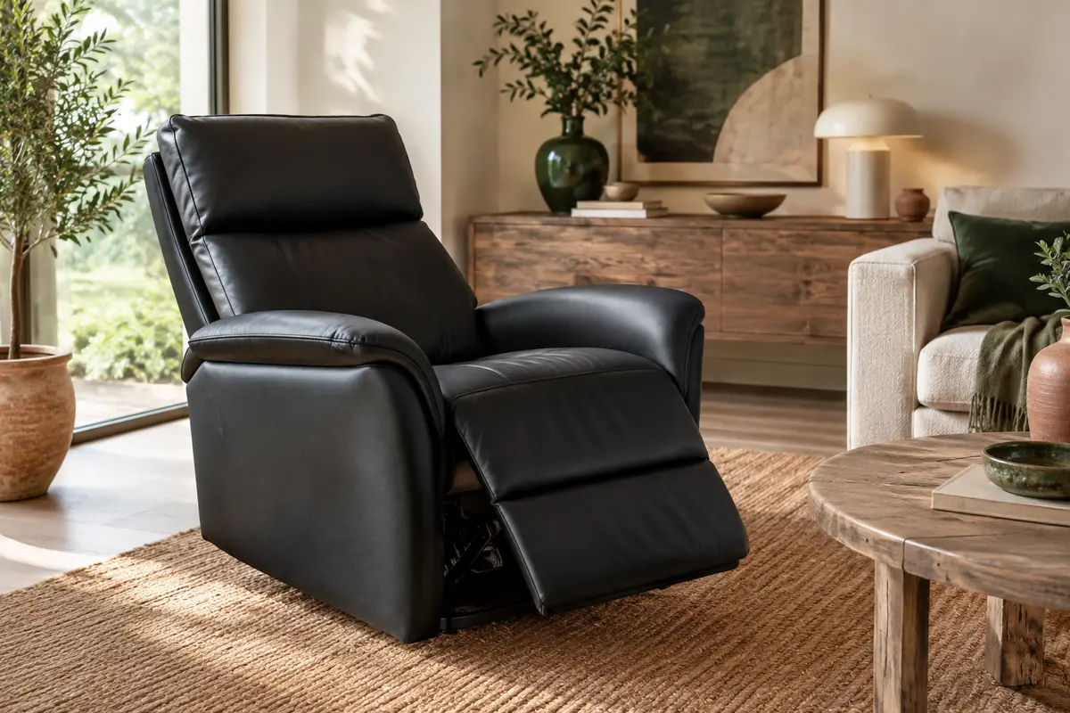 Fauteuil relaxant noir en simili cuir avec repose-pieds relevé, installé dans un salon lumineux.