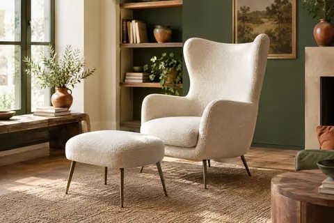 Fauteuil à oreilles en bouclette ivoire avec repose-pieds, présenté dans un salon lumineux.