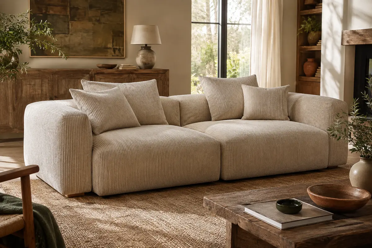 Canapé modulable deux places en chenille beige, avec quatre coussins, dans un salon lumineux au décor naturel.
