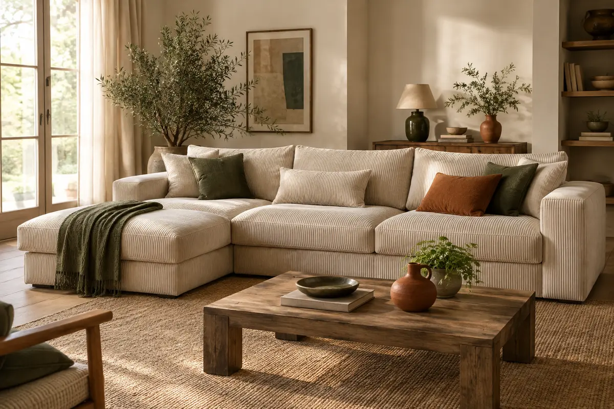 Canapé d’angle en velours côtelé beige avec méridienne à gauche et coussins dans un salon lumineux