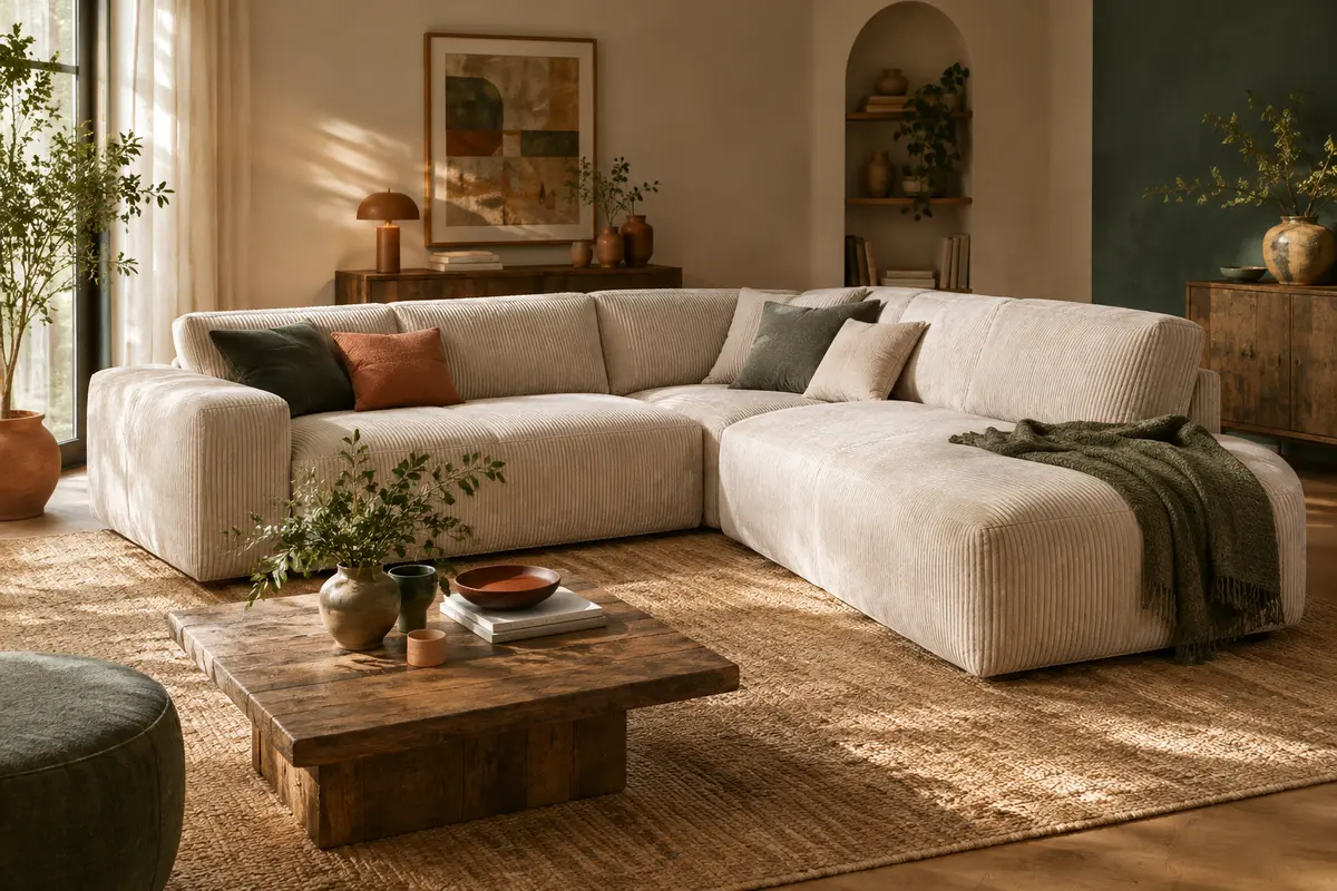 Canapé d’angle modulable beige en velours côtelé, composé de deux éléments dans un salon lumineux.