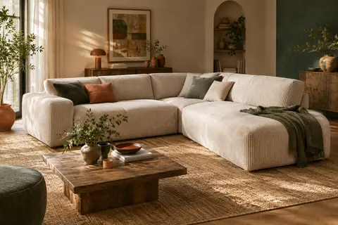 Canapé d’angle modulable beige en velours côtelé, composé de deux éléments dans un salon lumineux.