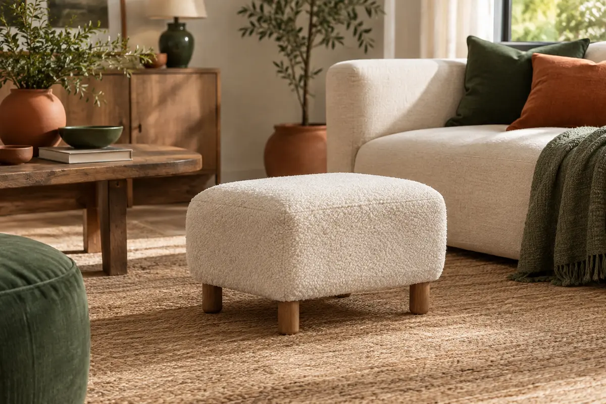 Pouf repose-pieds blanc en velours Teddy et pieds en bois, installé dans un salon lumineux.